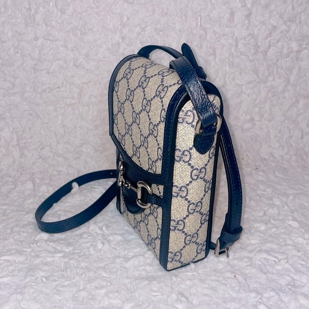 Gucci GG Guccissima 1955 Horsebit Mini Rectangle Crossbody Bag Navy Beige 625615 - Picture 7 of 17